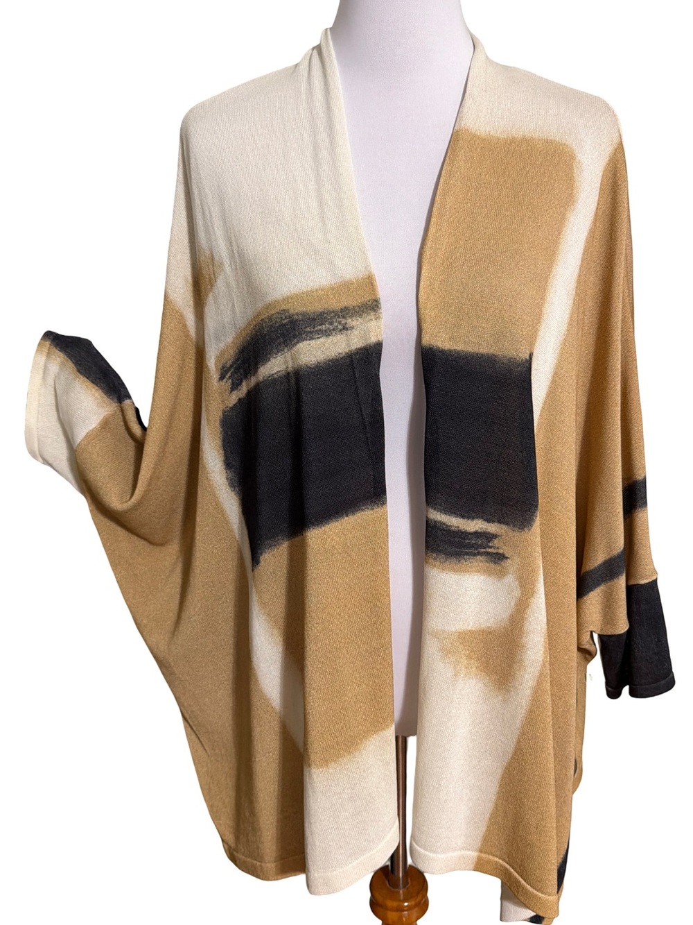 Open Front Colorblock Women's Cardigan - Camel Black Cream
